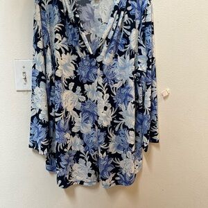 JM Collection Blue and White Wrap Blouse 3/4 Sleeve